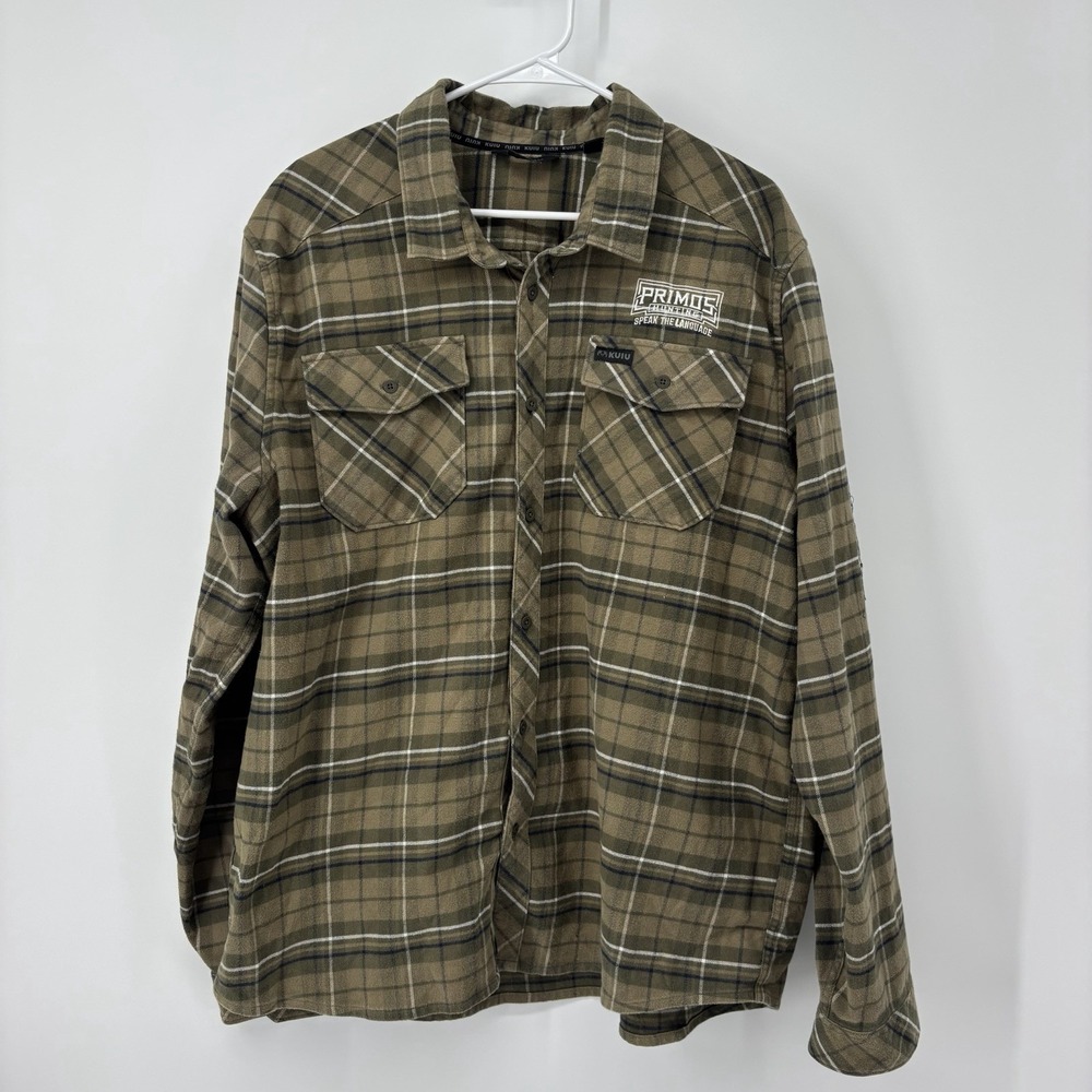 KUIU Green Plaid Flannel Long Sleeve Shirt Button Front Mens XXL *Embroidered*